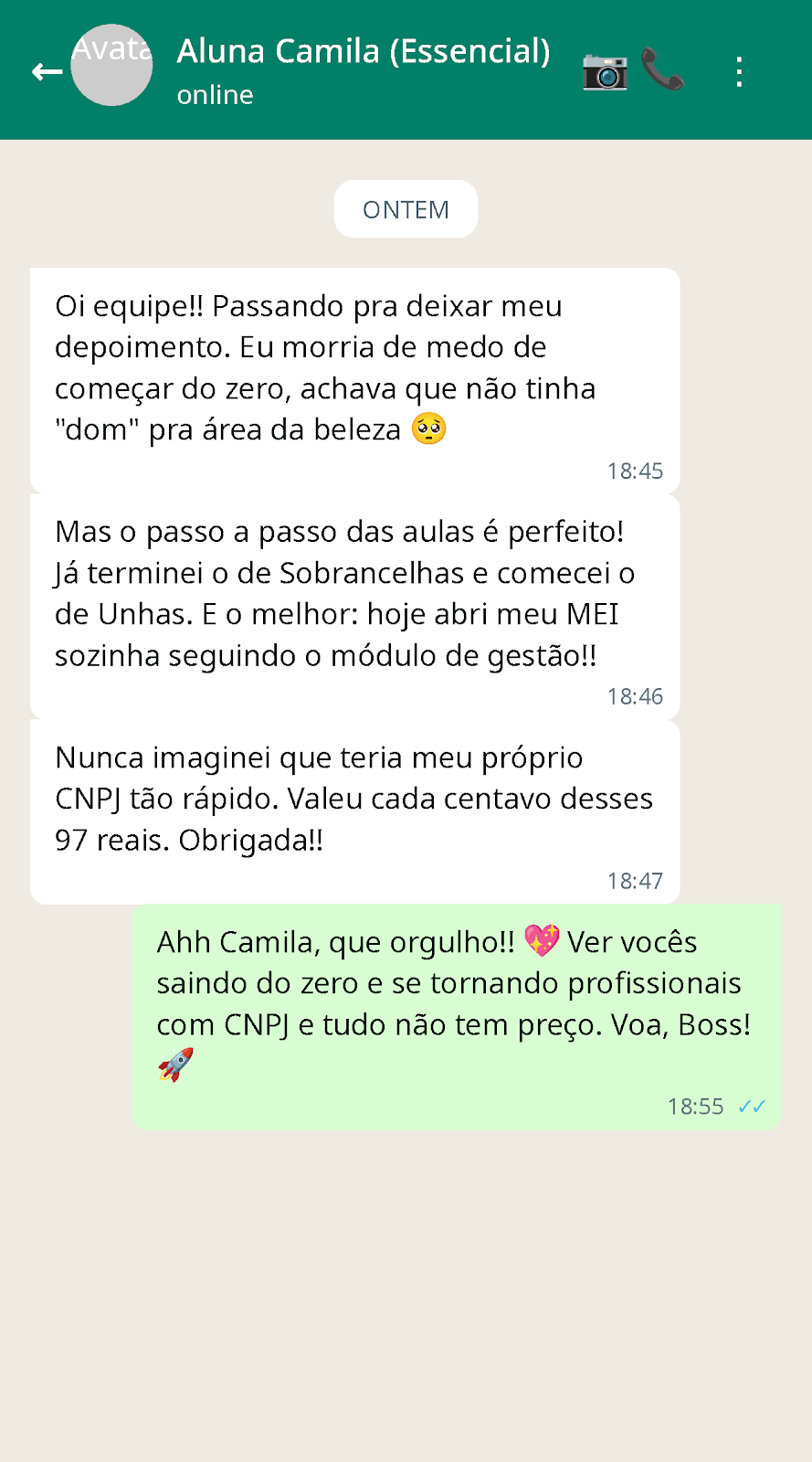 Print de WhatsApp da aluna Camila contando que abriu o MEI sozinha