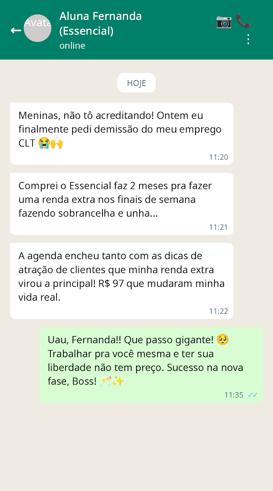 Print de WhatsApp da aluna Fernanda contando que saiu do CLT