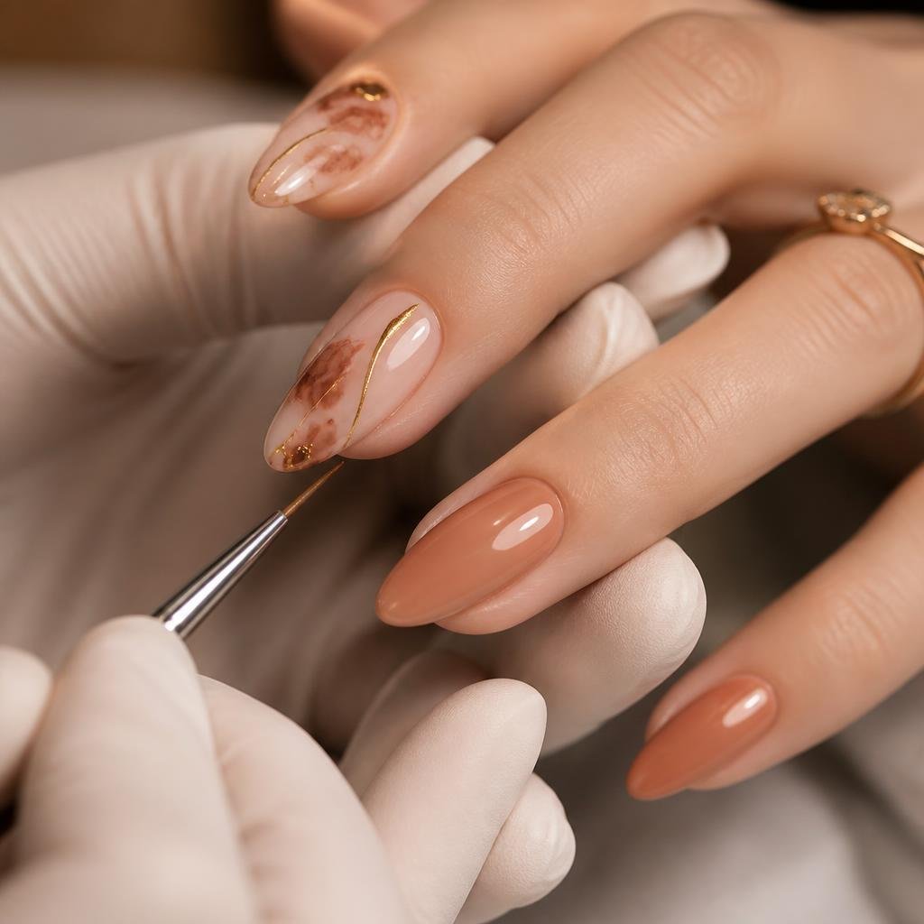 Detalhe de unhas sendo finalizadas com pincel fino