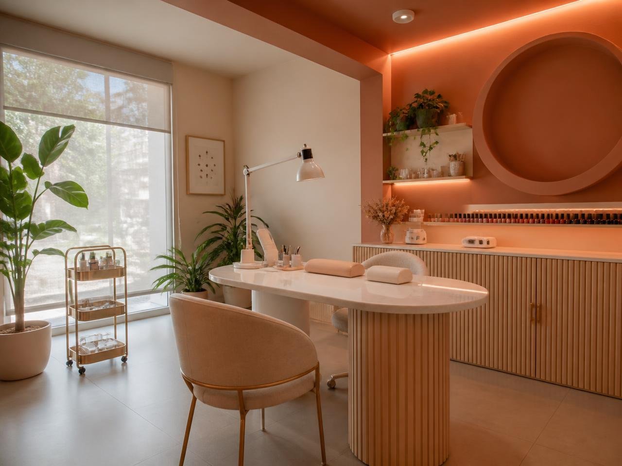 Espaço de beleza em tons terracota e creme montado para atendimento